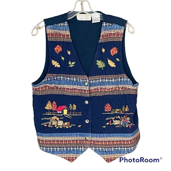 Vintage Casey & Max Patchwork Plaid Fall Leaves Vest Size Large - Picture 1 of 5